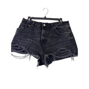 Zara Distressed Black Denim High-Waisted Shorts With Frayed Hem & Pockets